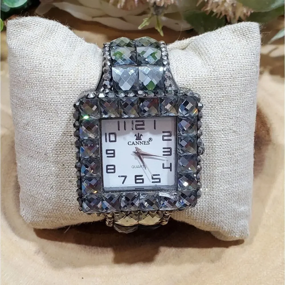Cannes Women Silver Tone Crystal Rhinestone Square Face Quartz Cuff Watch